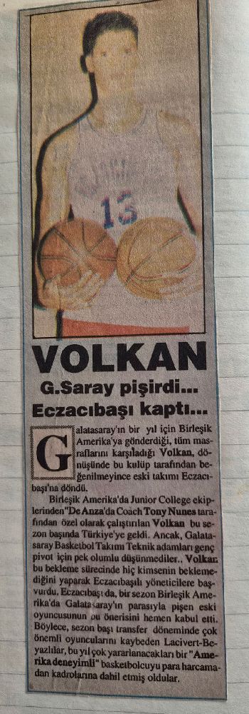 Volkan Özal'ın basketbol kariyeri hakkında eski bir gazete kupürü