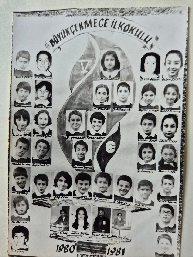 Büyükçekmece İlkokulu’nun 1980–1981 eğitim yılına ait öğrenci ve öğretmen fotoğraflarının yer aldığı okul panosu.